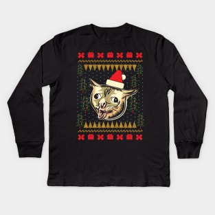 Coughing Cat Meme Ugly Christmas Sweater Kids Long Sleeve T-Shirt